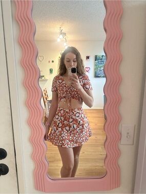 Cider Coral Floral Two-Piece Skirt Set